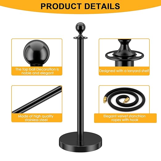 LOVMOR Crowd Control Stanchion, Set with 5 ft/1.5 m Red Velvet Rope, Set of 8 Pieces, Stanchion Rope Divider, Black Queue Barrier Line Divider with Fillable Plastic Base, Airport