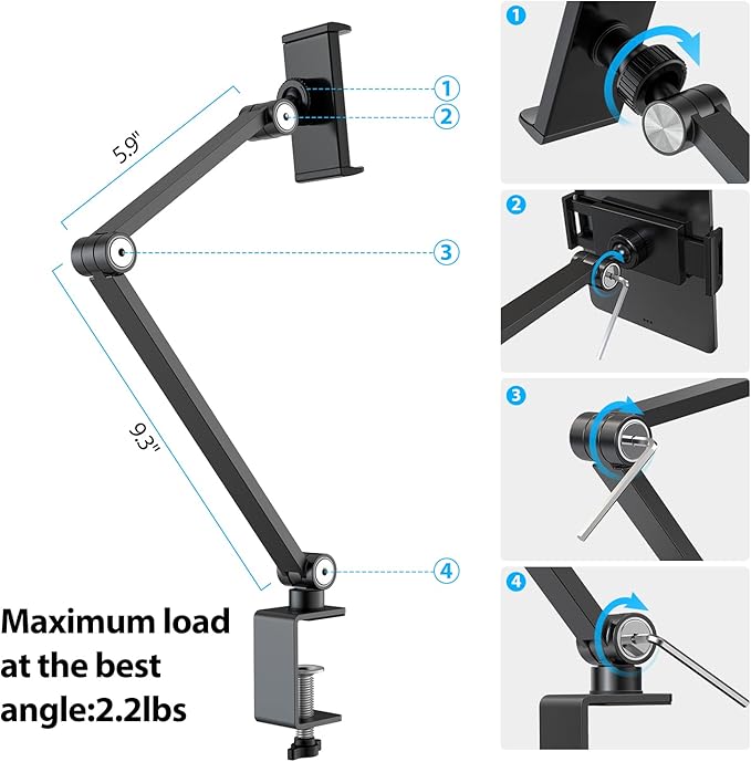 BEWISER iPad Desk Mount, Tablet Stand Holder for Desk or Bed,Rotate 360 Degrees of Flexible, Height and Angle Adjustable, Aluminium Alloy Arm Clamp Mount Compatible with4.7-15.6" Screen (Space Gray)