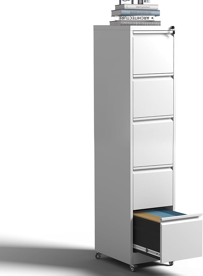5 Drawer Rolling File Cabinet with Lock, Metal Filing Cabinets on Wheels, Vertical Steel Office Drawers Storage for Hanging Legal/Letter Folders, Require Assembly (White)