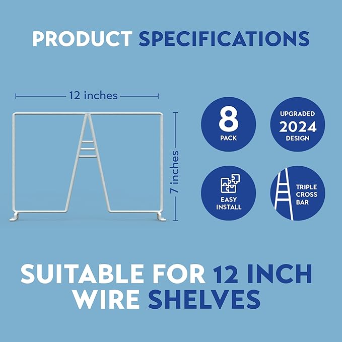 Tall White Wire Shelf Dividers for Closet Organization – Sturdy and Easy Set-Up Closet Shelf Dividers with Bonus Rose Gold Hanger (12 inch Wire Shelves, 8-Pack, Shorter Version - 7 inch Height)