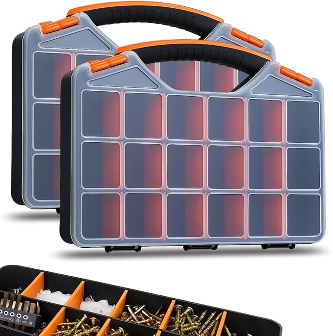 Andalus Tools Organizer Box, Small Parts Storage 18-Compartment Portable Hardware Organizer Removable Plastic Dividers for Screws, Nuts, Bolts, Nails – Orange (2 Pack, 12.75" x 10" x 1.75")