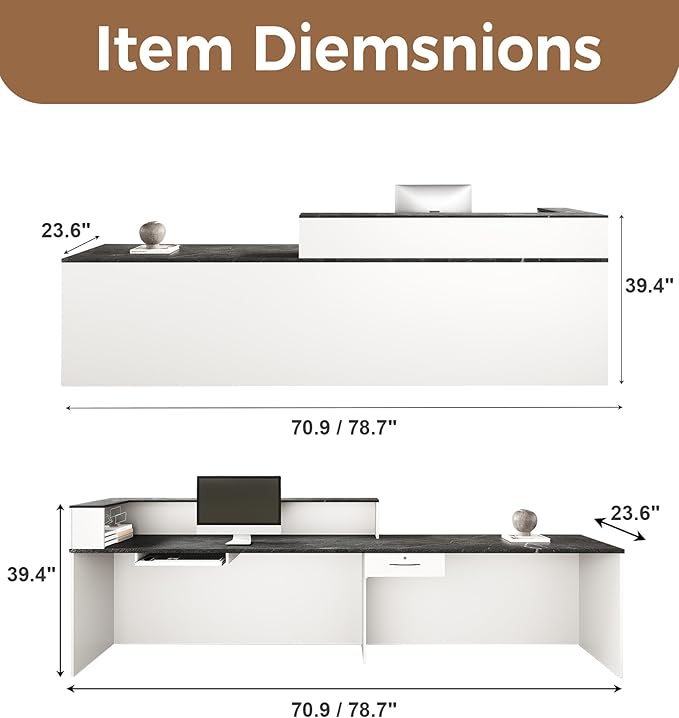 Modern L-Shaped Reception Desk with Counter – 71" Front Desk Reception Room Table with Lockable Drawer & Keyboard Tray for Office, Salon, Lobby, Checkout (White + Black, Left)