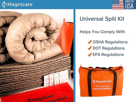 Universal Spill Kit OSHA Approved - Biohazard Clean up Kit for Oil, Water & Chemicals | 15 Absorbent Pads, 2 Socks, PPE, Biohazard Bags in Bright Orange Duffel Bag