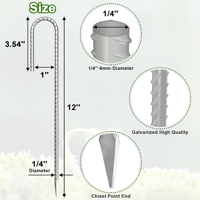 VVOKGO Rebar-Stakes-12-Inch J Hook Galvanized Tent Stakes Heavy Duty, 4-Pack Ground Chain Link Fence Anchors with Chisel Point End for Gazebo Bounce House, Camping Tents, Outdoor Inflatable Decoration