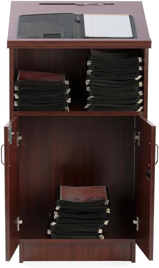 45.5" Tall Podium with Locking Cabinet, Shelf, 25" Angled Surface with Lip (Mahogany)
