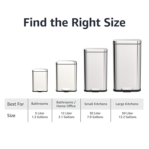 Amazon Basics Smudge Resistant Rectangular Trash Can With Soft-Close Foot Pedal, Brushed Stainless Steel, 50L/13.2 Gal, 16.7x14.7x25.9 in, Satin Nickel Finish