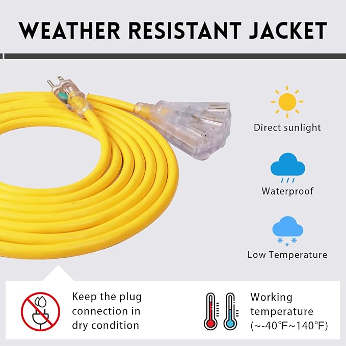 EP 15 Ft Lighted Outdoor Extension Cord with 3 Electrical Power Outlets - 14/3 SJTW Heavy Duty Yellow Extension Cable with 3 Prong Grounded Plug - Power Cord for Lawn, Garden, Appliances