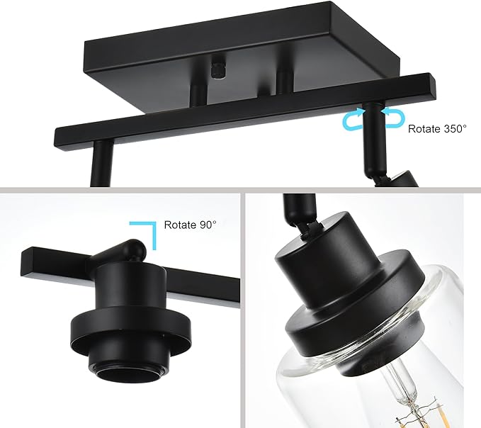 3-Light Track Lighting Kit Black Track Lighting Fixtures Bathroom Wall Sconces Ceiling Mount Kitchen Tracking Lights, Rotatable Spotlight with Clear Glass Shade for Kitchen Shop Hallway
