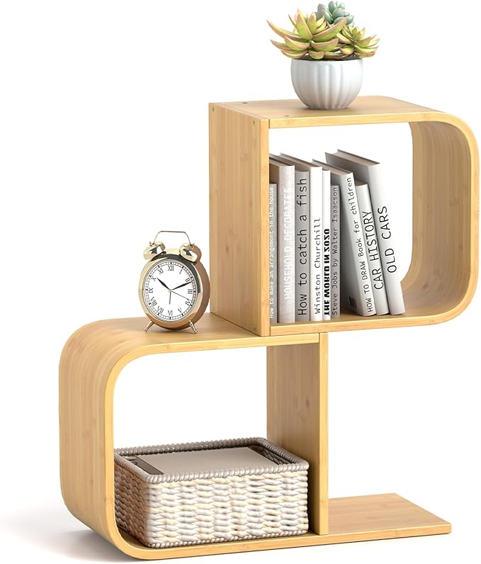 Giantex S-Shaped Bookcase, 2-Tier Bamboo Bookshelf with 2 Open Cubes, Geometric Corner Display Shelf, Decorative Storage Organizer, Floor Storage Rack for Living Room, Study, Home Office, Natural