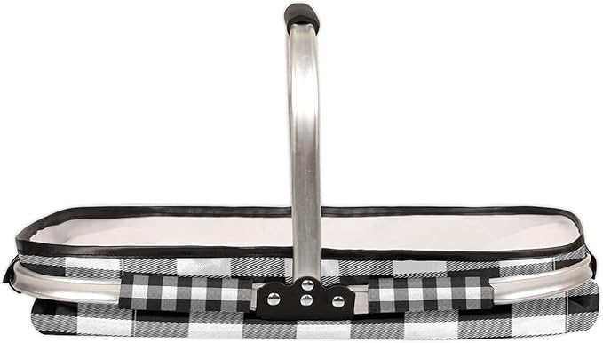 Plaid Collapsible Market Basket, White Black Stripe Leakproof Folding Collapsible Portable Picnic Basket Strong Aluminum Frame for Travel, Shopping, Camping & Lake Trips