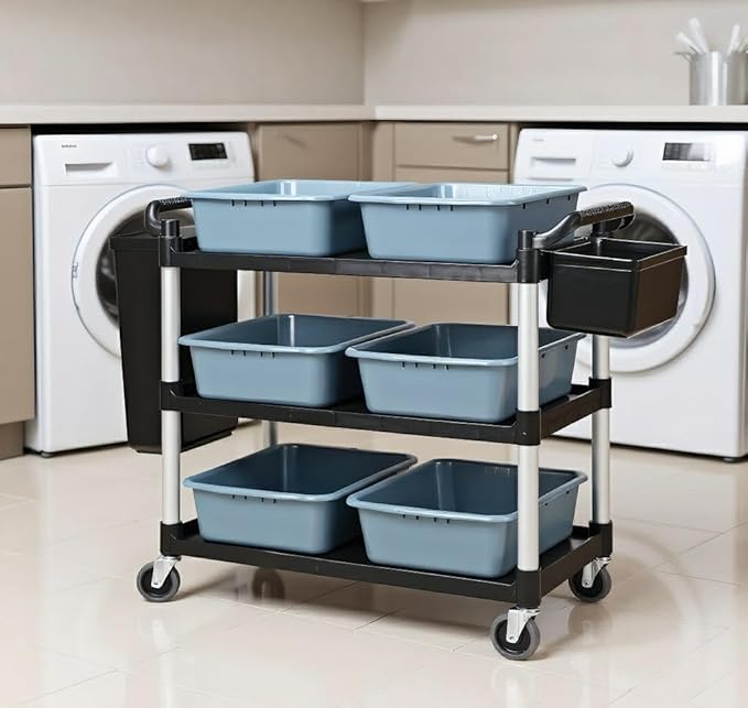 Plastic Service Utility Cart with Wheels, 550lbs Capacity, 6 Basin 2 Barrels Multipurpose Rolling 3-Tier Mobile Storage Organizer, for Warehouse Garage Industrial Cart