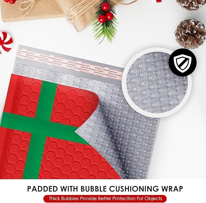 Christmas Poly Bubble Mailers | #4 Cushion Mailer, 9.5x14.5" | Self Seal | Holiday Themed, Red Green Gift Packaging Envelope | Xmas Padded Envelopes | Shipping Bags Mailing Envelopes | 100 pack Bulk