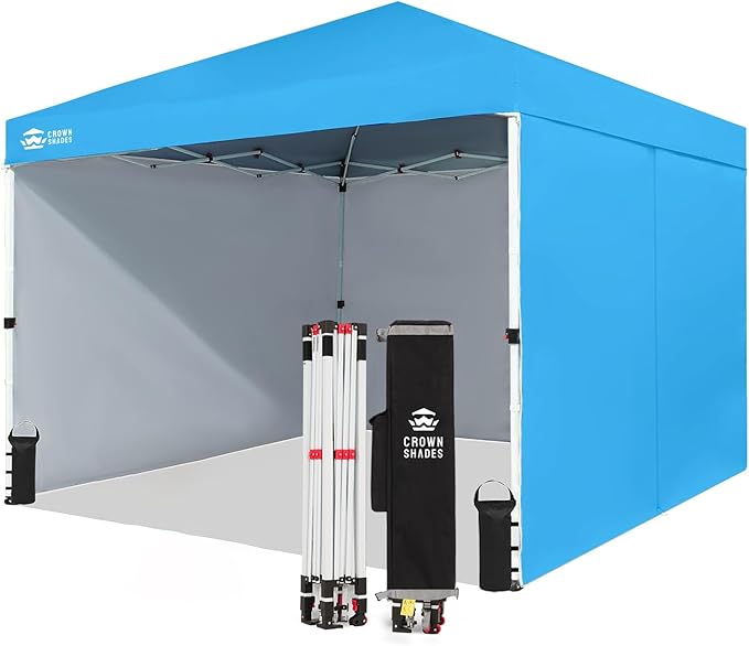 CROWN SHADES 10X10 Comercial Instant Canopy Pop Up Tent with Center Lock, 300D Fabric, 4 Sidewalls, Sto'N Go Bag, Sky Blue