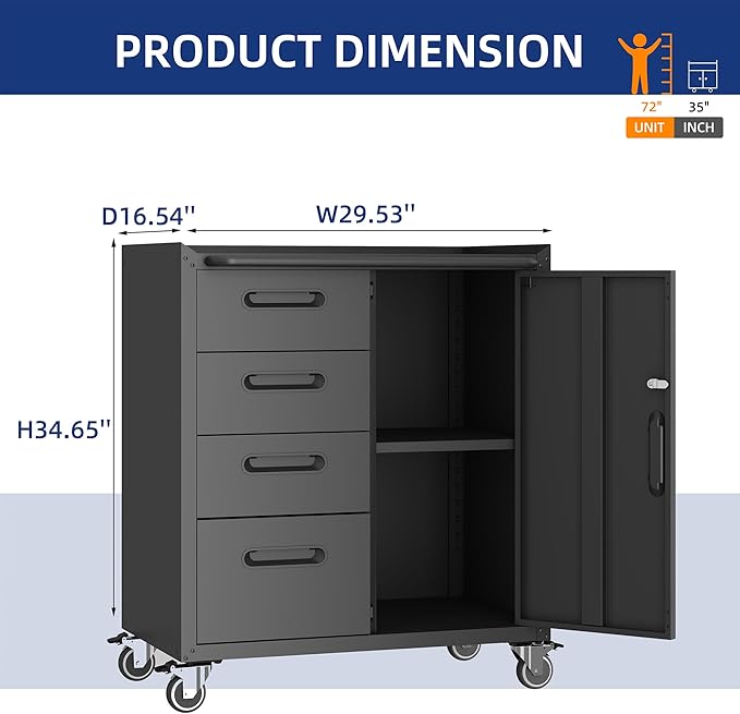 Tool Storage Cabinet, Rolling Tool Cabinet with 4 Drawers and 1 Door for Garage, Tool Room, Assembly Required(Black)