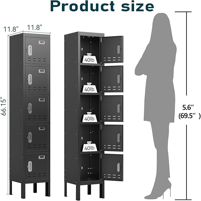 Metal Lockers - 66" Height Steel Lockers for Employees with 5 Door Storage Locker with Card Slot for Employees Gym School Home Office Garage - Assembly Required