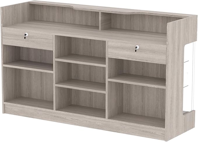 72" W x 22" D x 42" H - Tempered Glass Retail Display Case, Reception Desk, Retail Checkout Counter with Lockable Drawers, Suitable for Offices, Retail Stores and Boutiques (Gray Wood Grain)