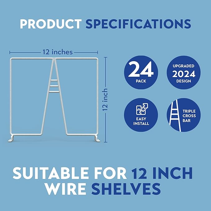 Tall White Wire Shelf Dividers for Closet Organization – Sturdy and Easy Set-Up Closet Shelf Dividers with Bonus Rose Gold Hanger (12 inch Wire Shelves, 24-Pack)