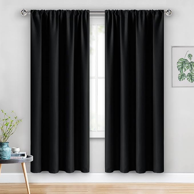 JIUZHEN Blackout Curtains for Bedroom– Thermal Insulated,Noise Reducing Room Darkening Rod Pocket Curtains for Living Room, Set of 2 Panels with Tiebacks, 42 x 72 inch Long, Black