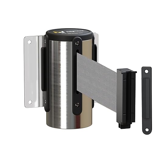 Montour Line WM115 Wall Mounted Retractable Belt Barrier with Standard Belt End, Fixed Mount, Polished Stainless Steel Casing (13 ft Light Grey Belt)
