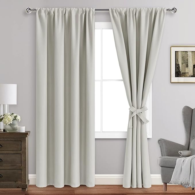 JIUZHEN Blackout Curtains for Bedroom - Thermal Insulated Room Darkening Noise Reducing, 42 x 84 Inch Length Curtains for Living Room, Set of 2 Panels with Tiebacks,Ivory