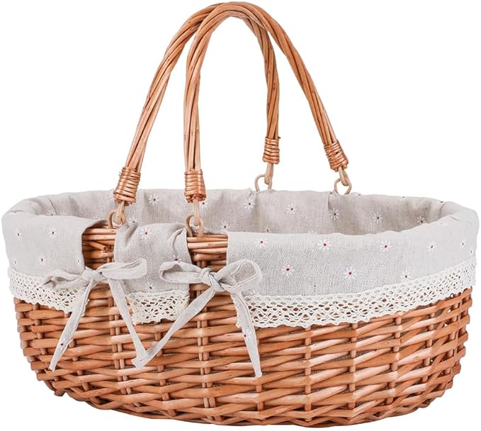 Large Wicker Picnic Basket with Handles,Handle Sturdy Woven Body with Removable and Washable Lining,Outdoor Camping,Gift Packing,Garden Picking, Storage.White Flower