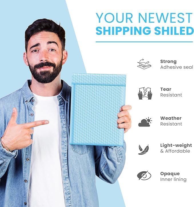 Light Blue 10x13 Inch Poly Bubble Mailers |Self Seal Padded Envelopes for Thick books | Cushioned Bubble Mailer | Usable Size 9.5x13 Inch | Waterproof Lightweight Mailing Shipping Bags | 100 Pack Bulk