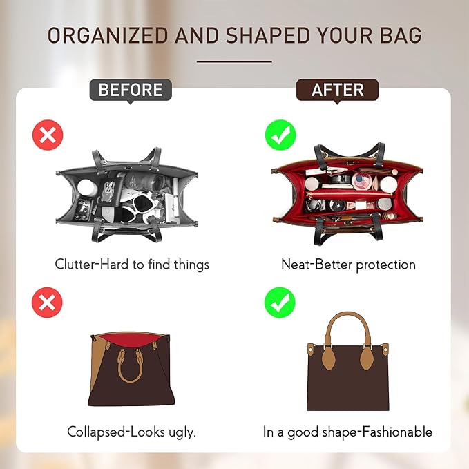 Doxo Purse Organizer Insert, Felt Tote Organizer with Zipper, Bag Insert Organizer Perfect for Lv Onthego MM 35 & D Medium Book Tote Bag (Red-With Cover)
