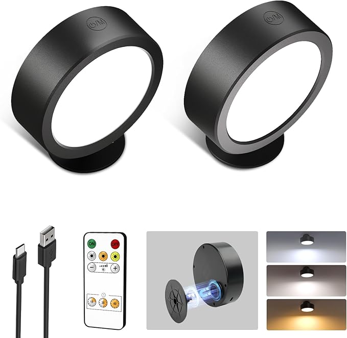 EZVALO LED Wall Mounted Lights, 5500mAh Rechargeable Wall Sconces Lamp, 3 Color Temps & Remote and Touch Control, 360°Rotation Dimmable Cordless Wall Light for Bedroom Reading Study Bedside (2 Pack)