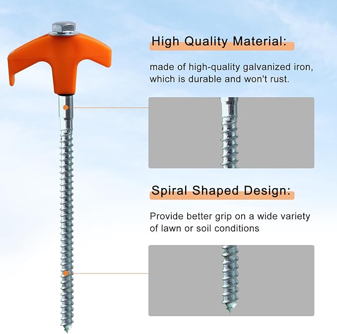 Screw in Tent Stakes Heavy Duty,8 Inch Ground Anchors Screw in,Metal Stakes with Hex Head Driver,Camping Tent Accessories (12, Orange)