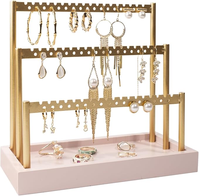 SANY DAYO HOME 3-Tier Earring Holder Organizer Stand, 105 Holes Gold Metal Earring Rack Jewelry Display Tree with Pink Wood Tray for Women and Girls