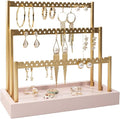 SANY DAYO HOME 3-Tier Earring Holder Organizer Stand, 105 Holes Gold Metal Earring Rack Jewelry Display Tree with Pink Wood Tray for Women and Girls