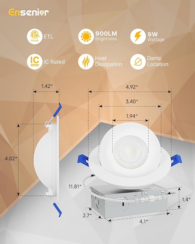 Ensenior 12 Pack 4 inch Gimbal Led Recessed Light with Junction Box, 90° Adjustable Directional Eyeball Lighting, Dimmable, 2700K/3000K/3500K/4000K/5000K, 900LM, 9W=85W-ETL&FCC Certified