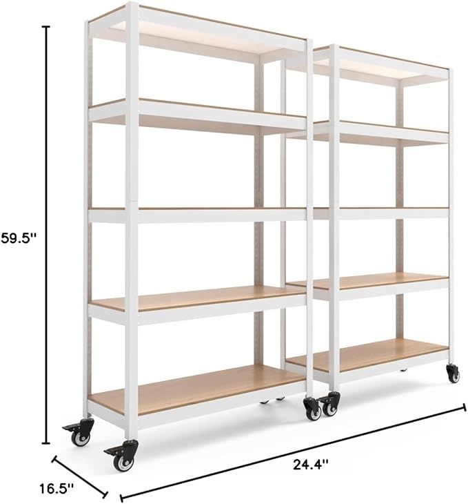 HOMEDANT House 5-Tier Metal Rolling Cart Shelf Rack Casters Heavy Duty Laminated Wheel Shelving Unit Adjustable Utility Storage Shelves Organizer Shelf Kitchen Garage (2, (M) 36.2" W, White)