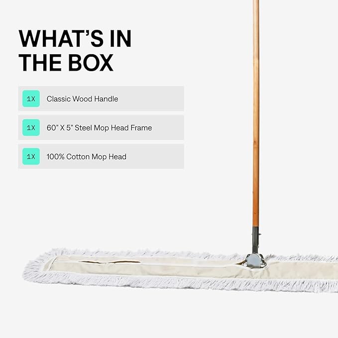 Commercial Dust Mop & Floor Sweeper, 60 in. Dust Mop for Hardwood Floors, Cotton Mop Head, Wooden Broom Handle, Industrial Dry Mop for Floor Cleaning & Janitorial Supplies