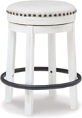 Signature Design by Ashley Valebeck Casual Upholstered Swivel Stool, Round Metal Footrest, Nailhead Trim Detail, Wood, 24", White & Black