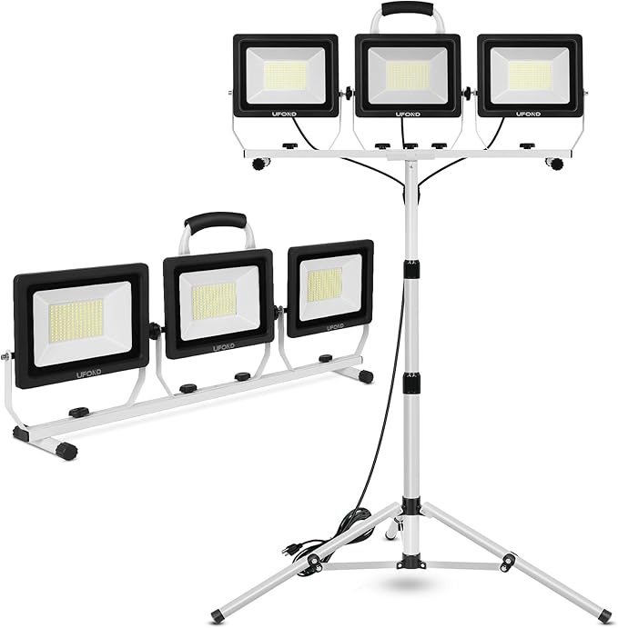 UFOND 22000 Lumen LED Work Light with Stand,3 Head Portable Work Lights with Individual Switch,Waterproof Work Lamp, Adjustable Metal Telescoping Tripod with Power Cord