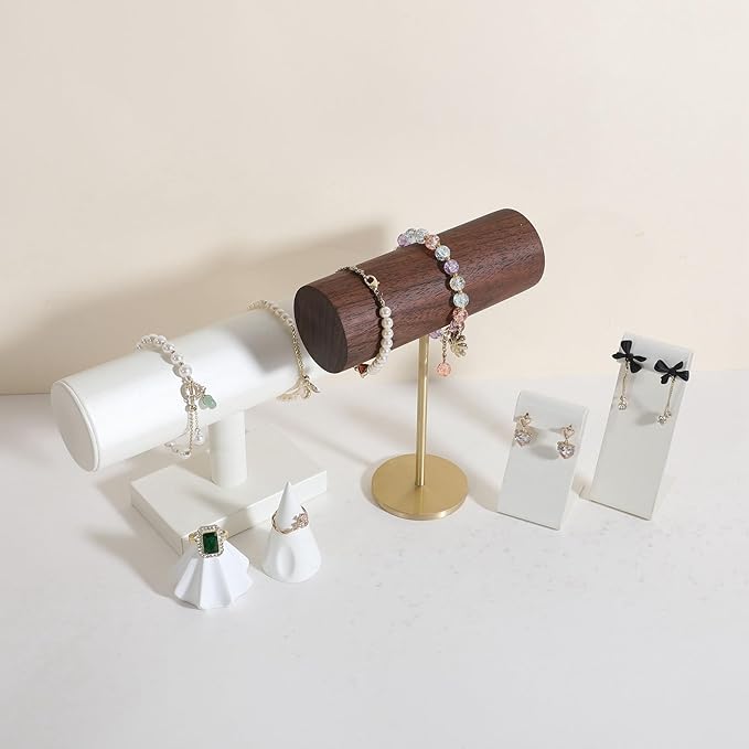 GemeShou Wood bracelet rack for selling, Metal brass bracelet display stand, Walnut bracelet holder organizer, Bangle Jewelry organizer T bar stand【Walnut Brass Bracelet Holder-Low】