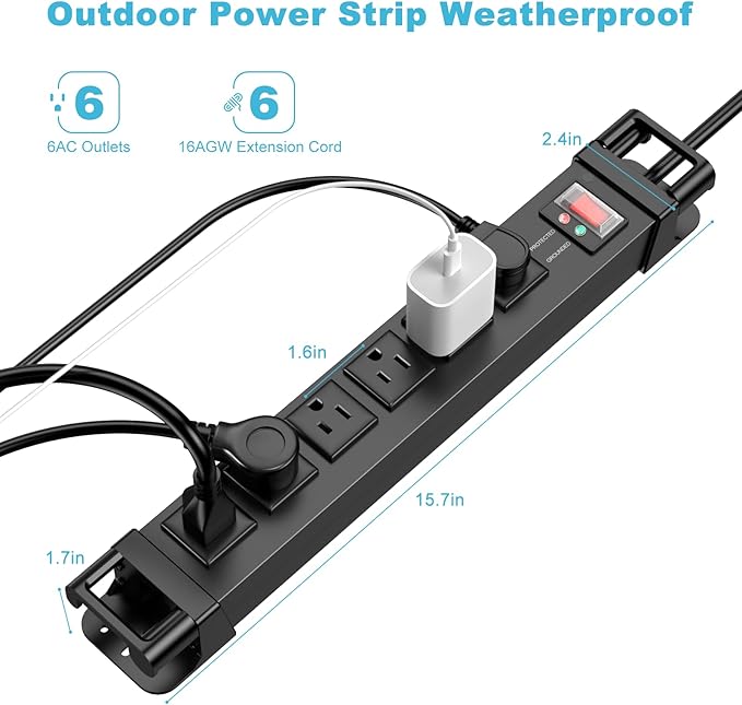 IPX6 Outdoor Power Strip Weatherproof,6 Outlet Metal Surge Protector Wall Mountable for Camping,Garden & Home,Heavy Duty 10FT ETL Certified Waterproof Extension Cord