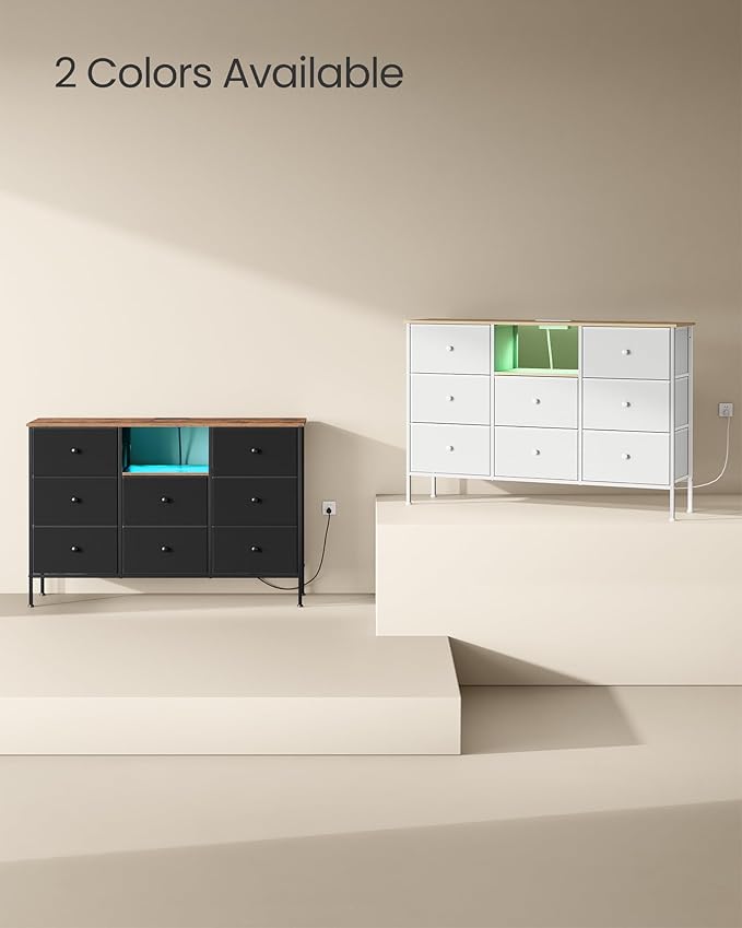 SONGMICS Dresser for Bedroom, Fabric Dresser with Power Outlets and LED Lights, TV Stand for up to 60 Inch TVs, 25 Colors, 11.8 x 47.2 x 31.3 Inches, Cloud White and Oak Beige ULTS518W01