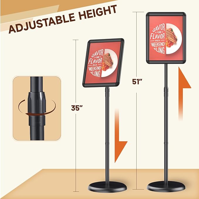 Pedestal Floor Stand Sign Holder for 11*17 inches Poster or chalk board, Snap open frame,360° Rotation,Outdoor Indoor Standing Display Sign Holders for commerical, directional use, Black