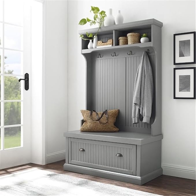 Pemberly Row Coastal Wood Hall Tree in Distressed Gray and Chrome