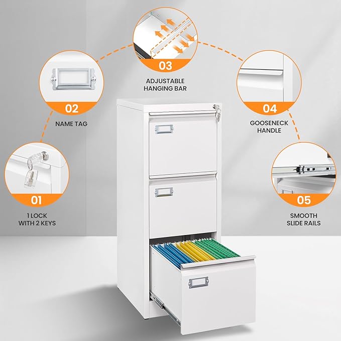 3 Drawer File Cabinet with Lock, Metal Filing Cabinets for Home Office, Vertical White Locking File Caninet, Steel Narrow Three Drawer File Cabnet for Letter/Legal / A4 / B4- Assembly Required