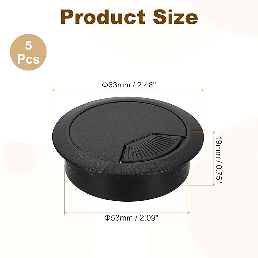 uxcell 5 Pcs 53mm (2.09 Inch) Desk Grommet, Plastic Cable Hole Cover, Wire Cord Cable Organizer for Home Office Computer Desk Cabinet, Black