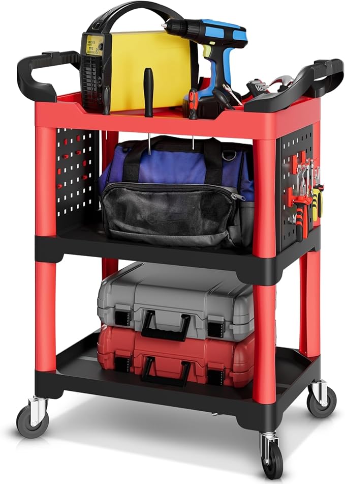 Auto Dynasty 3-Level Rolling Cart Trolley Storage Detailing Cart with Cup Holders Pegboard 120 kg/260 Lbs Capacity on Wheels Fits Garage, Warehouse, Home and Workshop, Black/Red