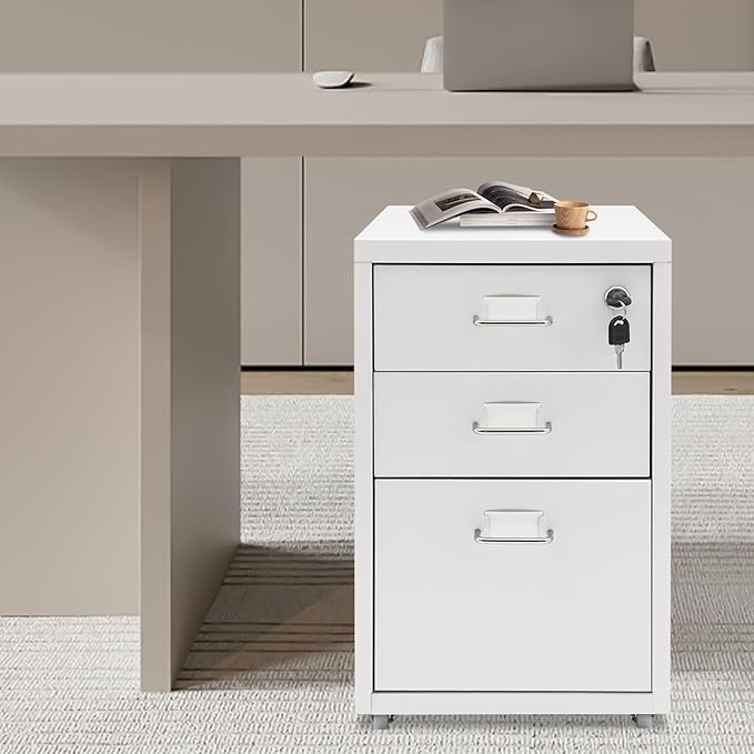 3 Drawer Metal Storage Cabinet Mobile File Cabinet with Lock Under Desk Office Storage Cabinet for Office & Home Fits Letter/Standard Sizes(White)