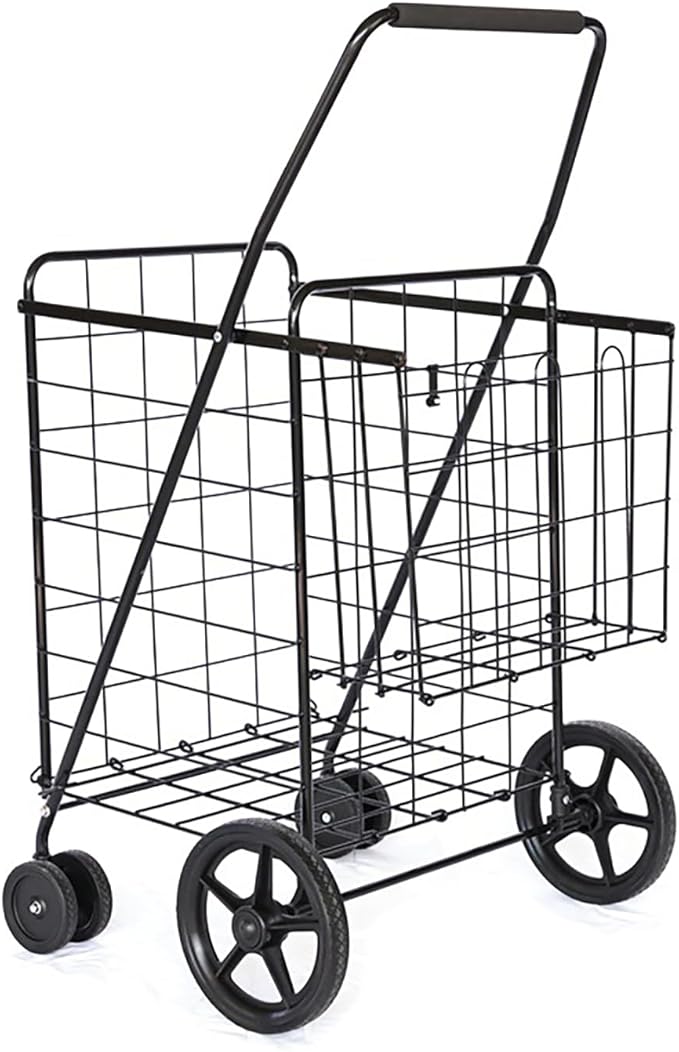 Folding Shopping Cart, Jumbo Grocery Cart with Double Baskets, 360° Swivel Wheels, Heavy Duty Utility Cart, 132 LBS Large Capacity Utility Cart for Groceries Laundry Book Luggage, Black