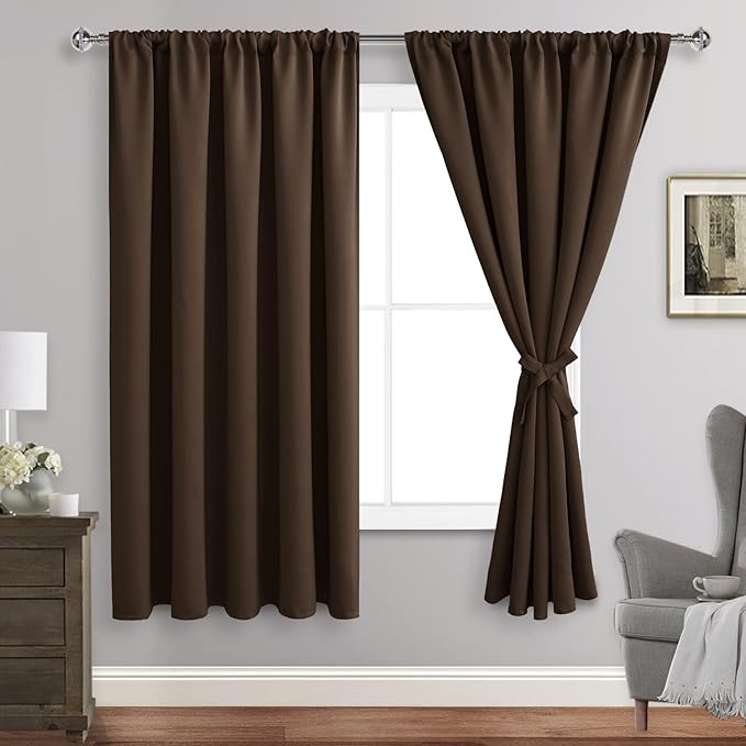 JIUZHEN Blackout Curtains for Bedroom - 70 x 63 Inch Extra Wide Privacy Assured Thermal Insulated Room Darkening Sliding Door Curtains for Living Room, Set of 2 Panels with Tiebacks, Brown