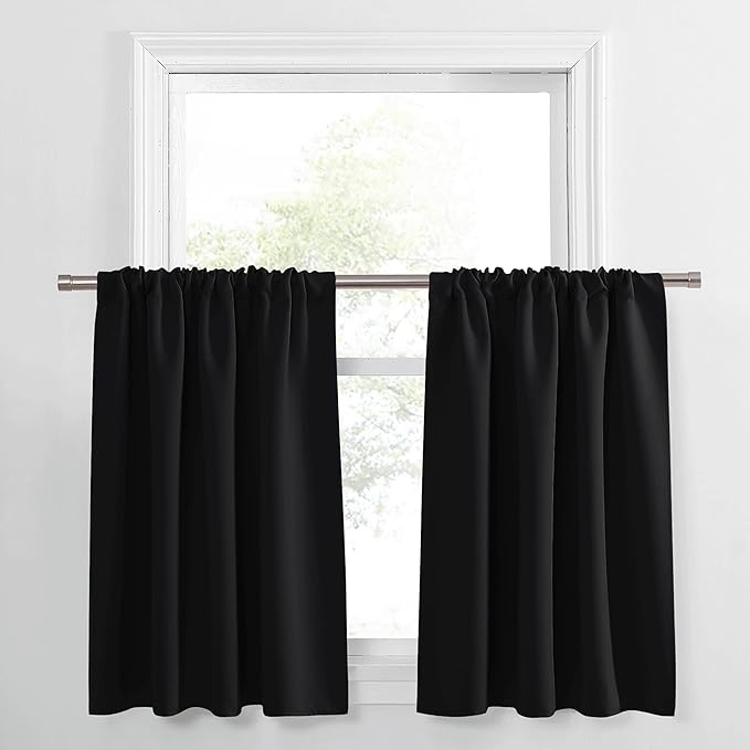 PONY DANCE Black Short Window Curtains for Kitchen 36 inch Long, 2 Panels Set Half Window Drapes for Bedroom Basement, Blackout Small Curtains for Travel Trailers, Width 34 x Length 36 inches