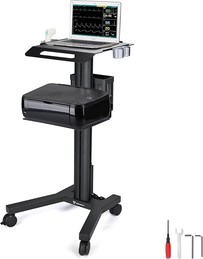 Yescom Mobile Laptop Cart Rolling PC Stand Computer Workstation on Wheels with Handle 220 Lbs Capacity CPU Printer Power Strip Holder for Lap School Office Salon Spa Dental