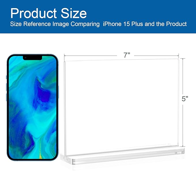 BlueValley Acrylic Sign Holder 7x5 - Double Sided Sign Stand Clear Paper Display Holder for Menu, Flyer, Document or Picture | Desktop Plastic Frame for Office, Store, Restaurant, Show Fair - 6 Pack